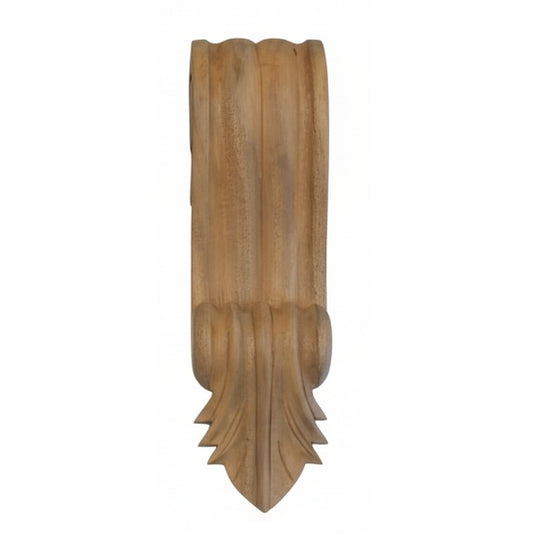 Hand-carved timber corbel with decorative scrollwork, providing support for a shelf or mantelpiece.