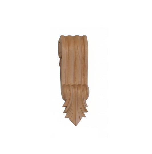 Hand-carved timber corbel with decorative scrollwork, providing support for a shelf or mantelpiece.