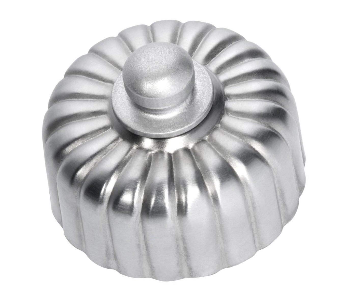 Close-up of a Fluted LED Dimmer switch with a textured, ridged knob and circular base plate, shown in a polished metal finish (e.g., polished brass or chrome).