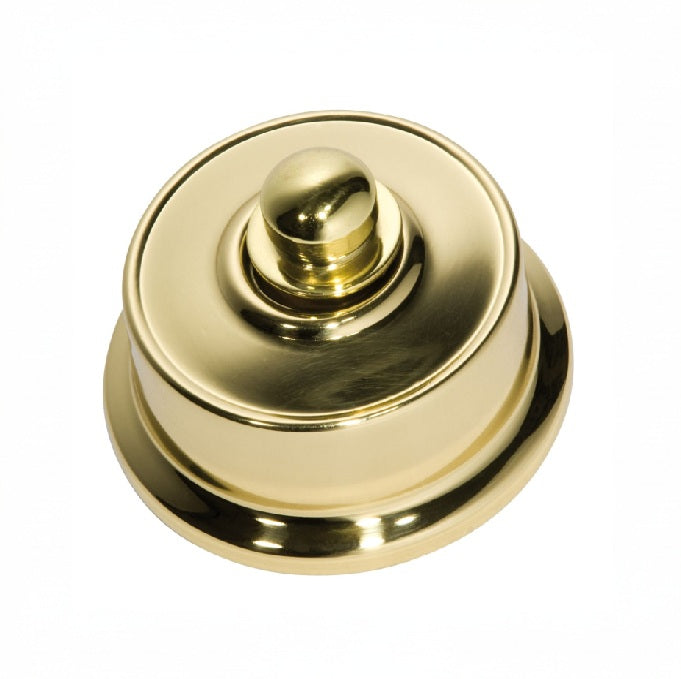 Federation-style LED dimmer switch in a variety of metal finishes (e.g., brass, chrome, black) with a decorative base plate, designed for use with energy-efficient LED lighting.