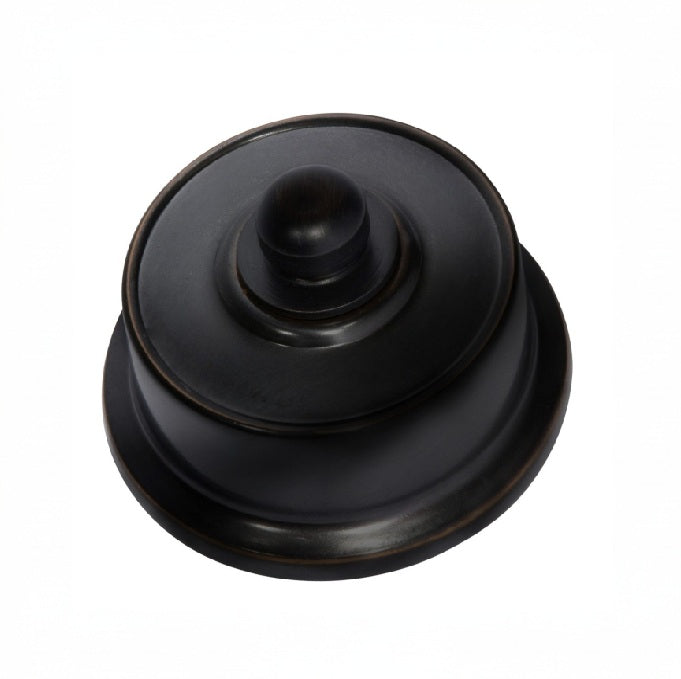 Federation-style LED dimmer switch in a variety of metal finishes (e.g., brass, chrome, black) with a decorative base plate, designed for use with energy-efficient LED lighting.