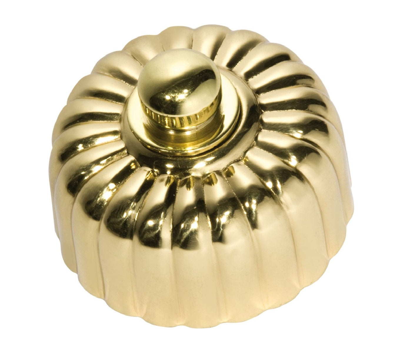 Close-up of a Fluted LED Dimmer switch with a textured, ridged knob and circular base plate, shown in a polished metal finish (e.g., polished brass or chrome).