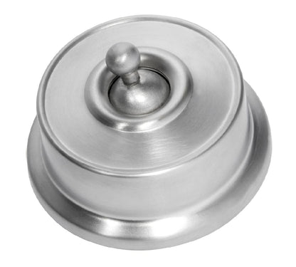 Close-up of a Federation Light Switch with a square or rectangular plate and a decorative edge, featuring a classic toggle or dolly switch, shown in a heritage metal finish.