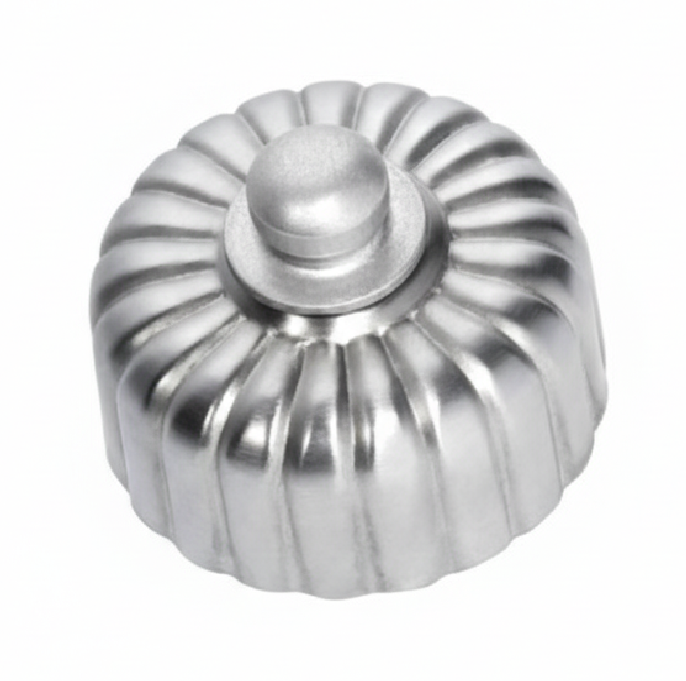 Detailed view of a Fluted Fan Controller with a ridged, textured control knob and a coordinating smooth or stepped round base plate, shown in a polished metal finish.