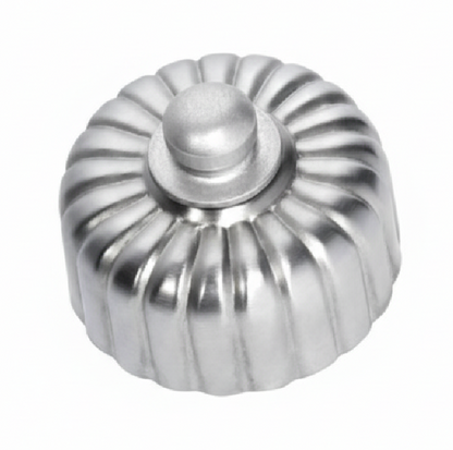 Detailed view of a Fluted Fan Controller with a ridged, textured control knob and a coordinating smooth or stepped round base plate, shown in a polished metal finish.