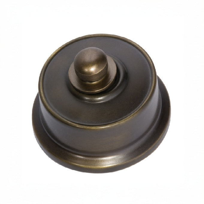 Federation-style LED dimmer switch in a variety of metal finishes (e.g., brass, chrome, black) with a decorative base plate, designed for use with energy-efficient LED lighting.