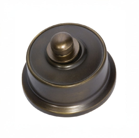 Federation-style LED dimmer switch in a variety of metal finishes (e.g., brass, chrome, black) with a decorative base plate, designed for use with energy-efficient LED lighting.