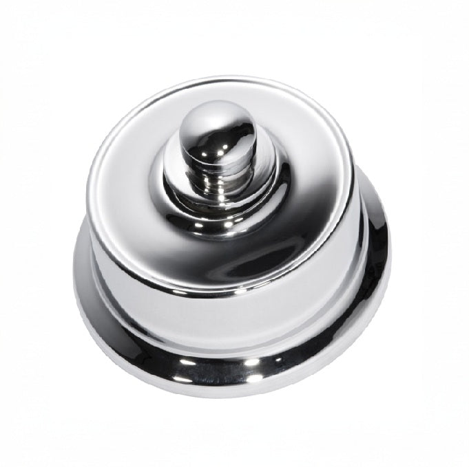 Federation-style LED dimmer switch in a variety of metal finishes (e.g., brass, chrome, black) with a decorative base plate, designed for use with energy-efficient LED lighting.