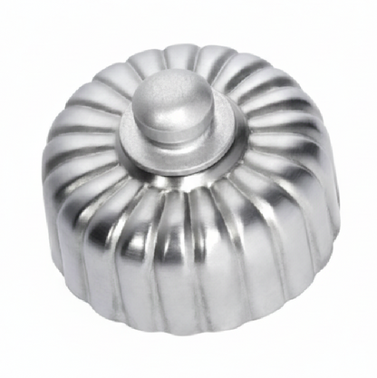 Detailed view of a Fluted Fan Controller with a ridged, textured control knob and a coordinating smooth or stepped round base plate, shown in a polished metal finish.