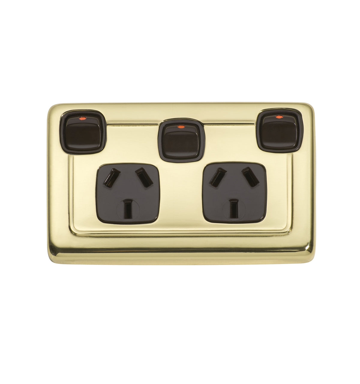 3 Gang Flat Plate Rocker Switches with Double Socket - Polished Brass