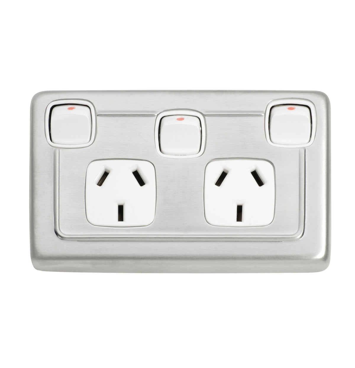 3 Gang Flat Plate Rocker Switches with Double Socket - Satin Chrome