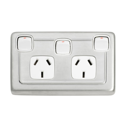 3 Gang Flat Plate Rocker Switches with Double Socket