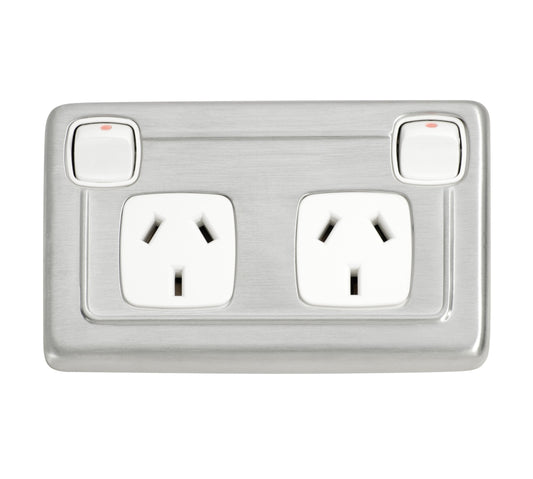 2 Gang Flat Plate Rocker Switches with Double Socket