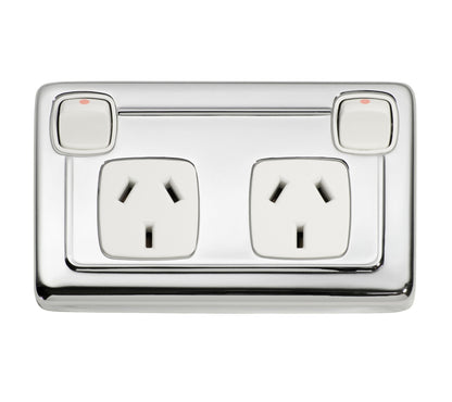 2 Gang Flat Plate Rocker Switches with Double Socket