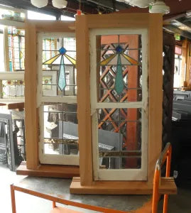 Pair Small Double Hung Leadlight Windows