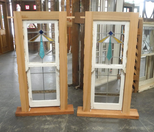 Pair Small Double Hung Leadlight Windows