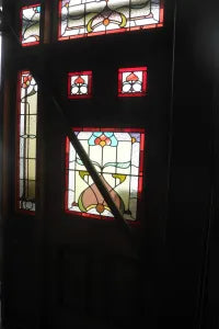 Solid timber Federation front door set with intricate leadlight glass inserts available at Chippendale Restorations for architectural salvage buyers.