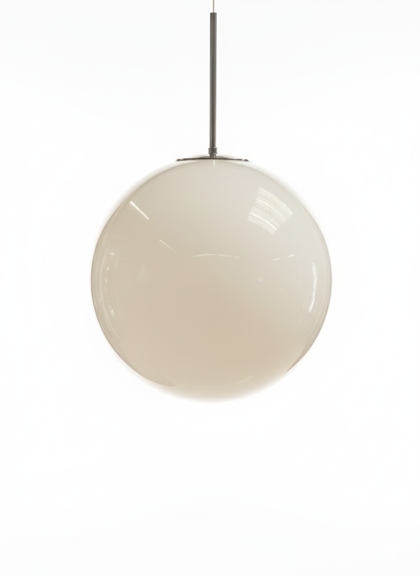 Spherical white glass globe pendant light hanging from a metal ceiling rose and rod, with a blurred background.