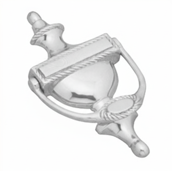 Georgian style drop door knocker with a bright, mirror-like chrome plated finish, adding a classic touch to any front door.