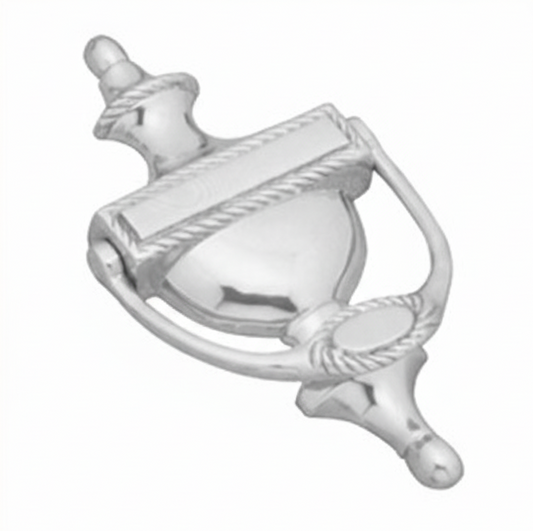 Georgian style drop door knocker with a bright, mirror-like chrome plated finish, adding a classic touch to any front door.