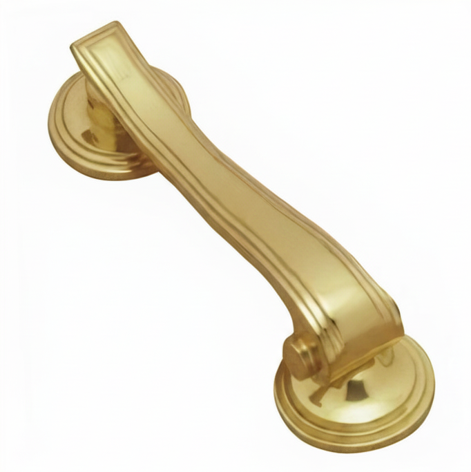Art Deco style vertical drop door knocker in a bright, reflective polished brass finish, featuring a geometric, streamline design.