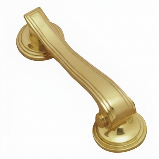 Art Deco style vertical drop door knocker in a bright, reflective polished brass finish, featuring a geometric, streamline design.