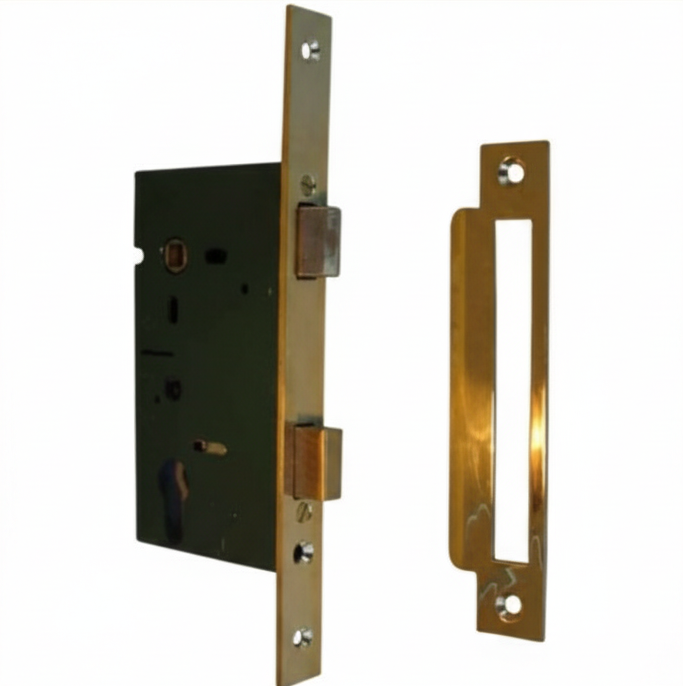 Polished brass mortice latch mechanism with an extended faceplate and a separate, matching brass strike plate. (This focuses on key visual elements for accessibility and image search.)