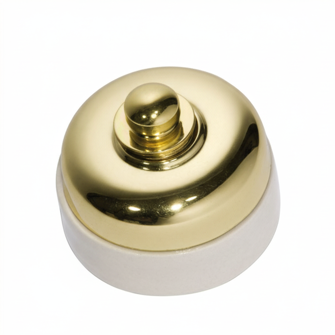 Close-up of a round Porcelain Base Fan Controller mounted on a wall. The switch has a central control knob, and the distinctive white ceramic base is visible against the wall surface.