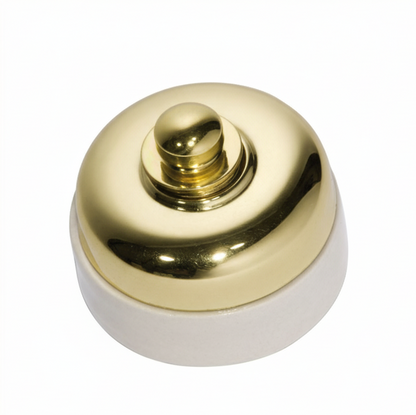 Close-up of a round Porcelain Base Fan Controller mounted on a wall. The switch has a central control knob, and the distinctive white ceramic base is visible against the wall surface.