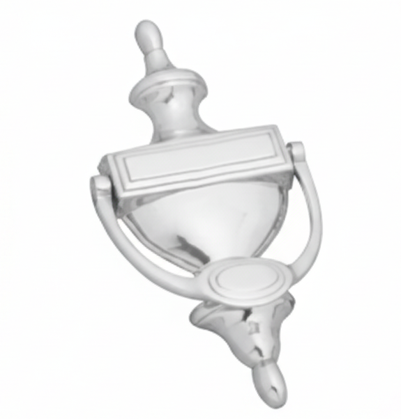 A polished chrome plated Edwardian urn-style door knocker on a white background.