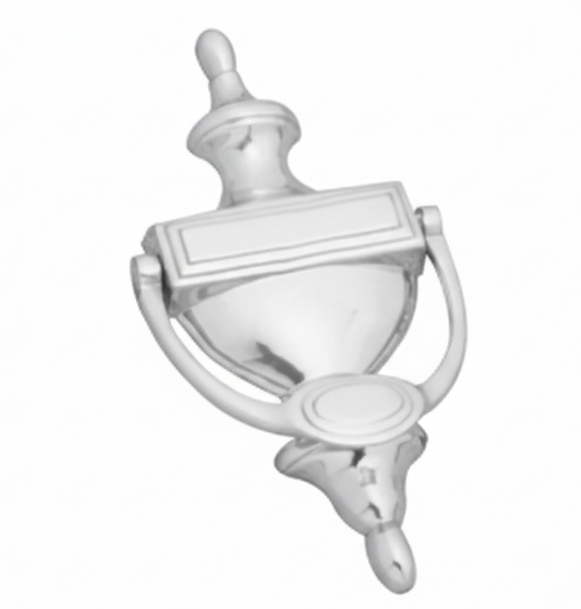 A polished chrome plated Edwardian urn-style door knocker on a white background.