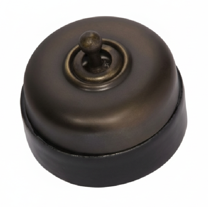 Porcelain-based electrical switch with a visible metal dolly. Available in a polished brass or antique brass finish on either a white porcelain base or a black porcelain base.