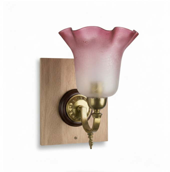 Vintage brass wall sconce with a decorative arm, a polished wood roundel and square backplate, and a red and frosted clear fluted glass lampshade.