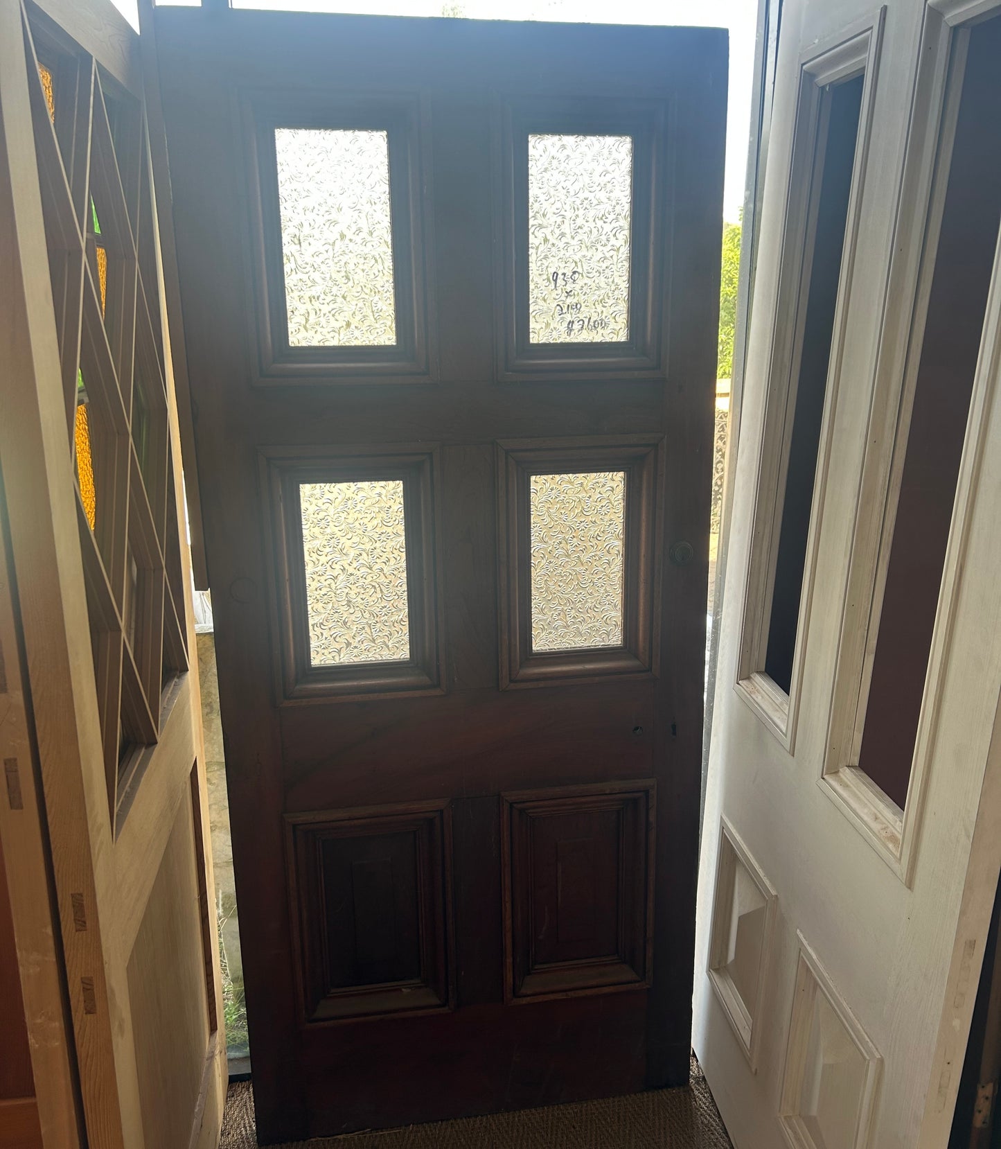 Six Panel Hardwood Door with Diffused Glass