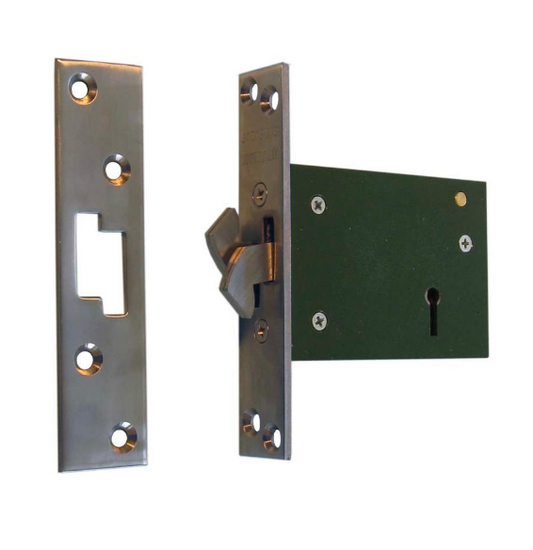 A high-security mortice sashlock mechanism with a satin stainless steel faceplate and a dark green lock case on a white background, clearly showing the reversible latch bolt and the deadbolt.