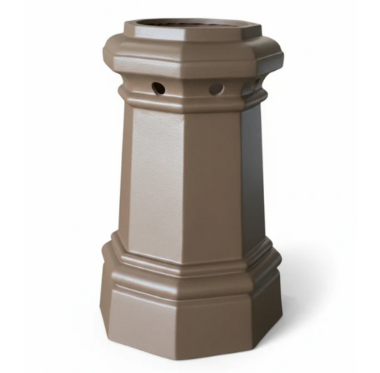 Octagonal glazed Victorian style brown chimney pot with top ventilation holes, displayed at the Chippendale Restorations architectural salvage showroom.