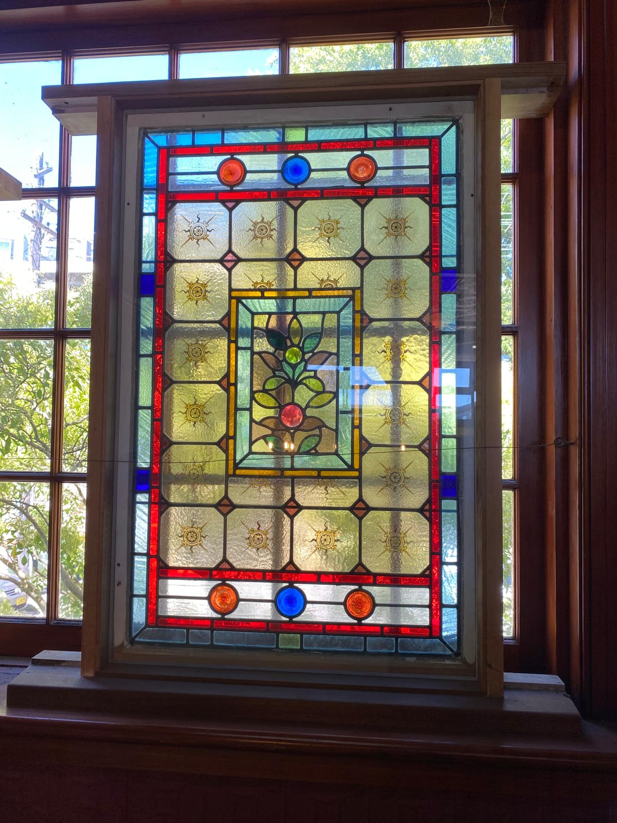 Hand Painted Leadlight Panel, mounted in a Western Red Cedar frame behind laminated glass