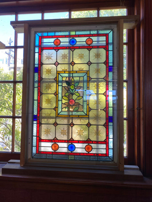 Hand Painted Leadlight Panel, mounted in a Western Red Cedar frame behind laminated glass