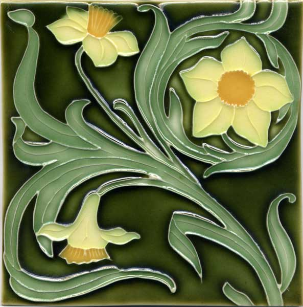 3 Yellow Daffodils, Victorian Green Background