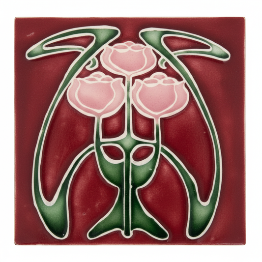 3 Pink Flowers, Burgundy Background