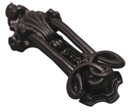 A collection of decorative ornamental door knockers featuring classic ring and textured scroll designs in polished brass and dark iron finishes.