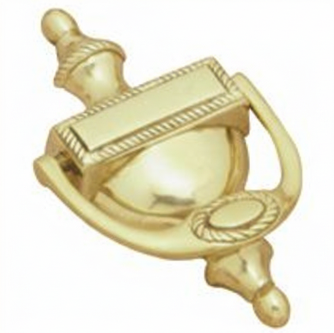 Georgian style drop door knocker in a lustrous, reflective polished brass finish, featuring a traditional urn design.