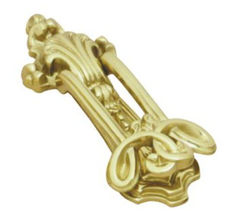 A collection of decorative ornamental door knockers featuring classic ring and textured scroll designs in polished brass and dark iron finishes.