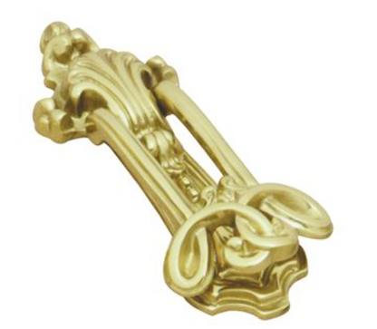 A collection of decorative ornamental door knockers featuring classic ring and textured scroll designs in polished brass and dark iron finishes.