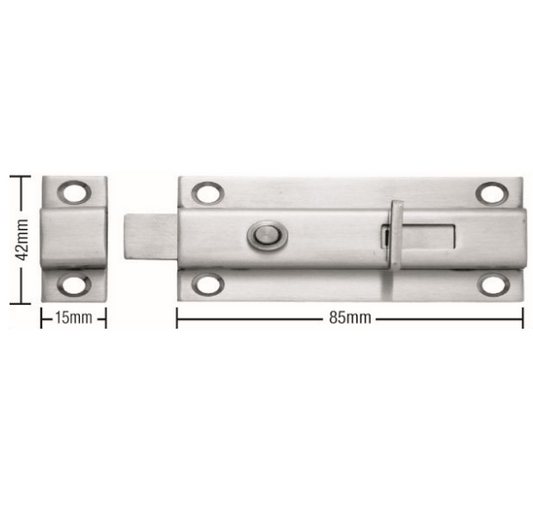 Patio Bolt exposed Fix 304SSS - 85mm x 40mm (15mm Bolt Throw)