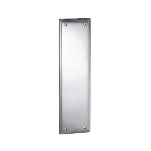 Tradco Milton 1275 solid brass push plate in a sleek Chrome Plated finish, 300mm x 75mm rectangular face-fix finger plate for doors.