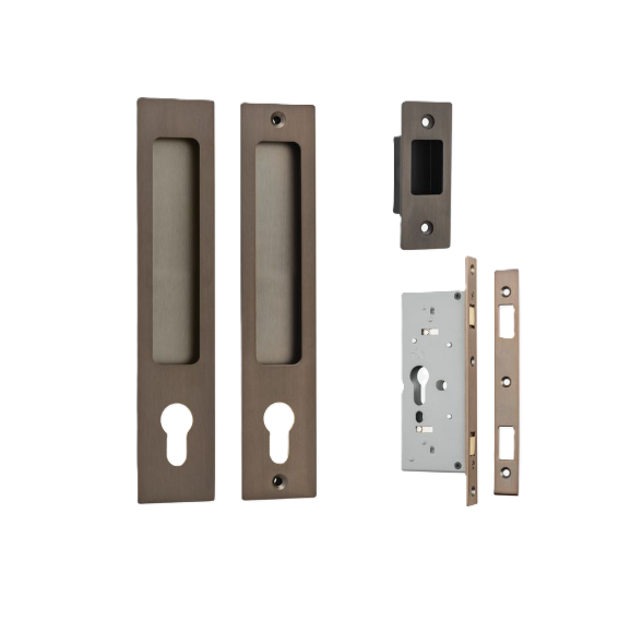 Rectangular Sliding Door Pull Entrance Kit with High Security Lock - Signature Brass