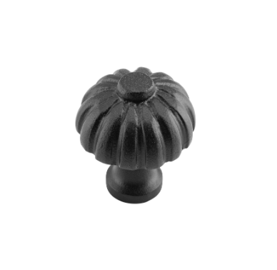A single black decorative cabinet knob with a ribbed, pumpkin-like top and cylindrical base, shown on a plain white background.