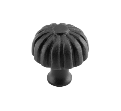 A single black decorative cabinet knob with a ribbed, pumpkin-like top and cylindrical base, shown on a plain white background.