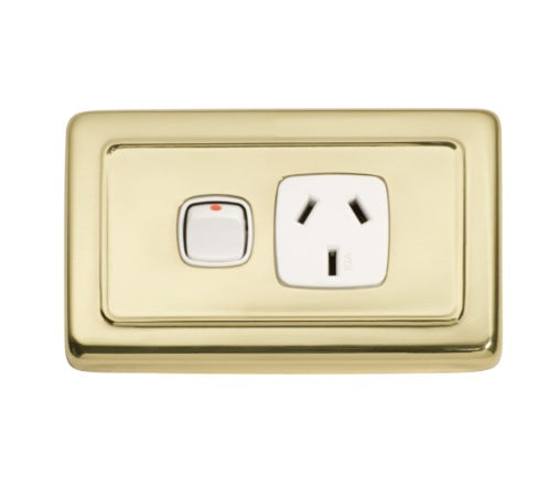 1 Gang Flat Plate Rocker Switches with Socket - Polished Brass
